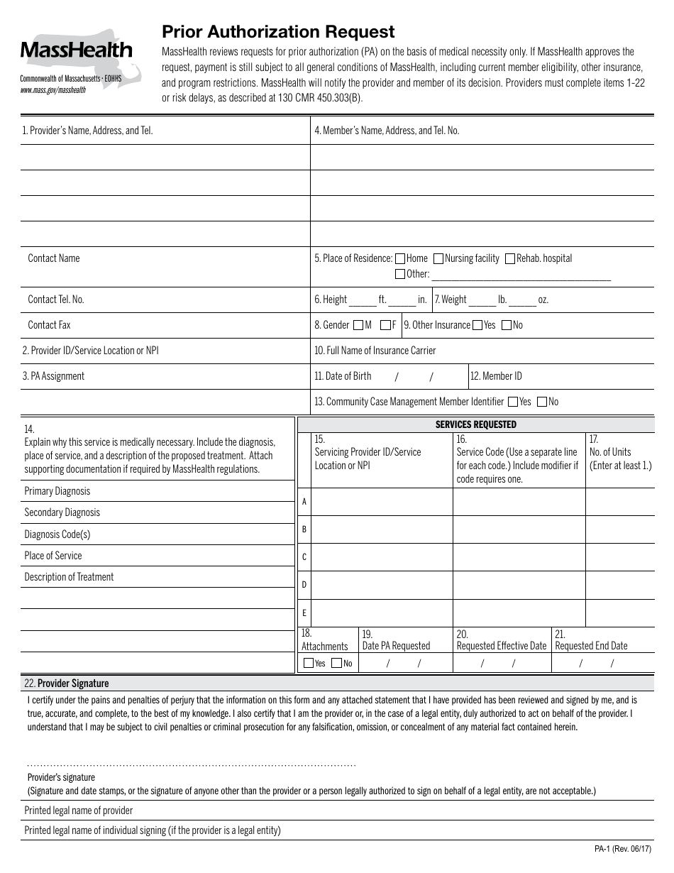 Form PA-1 Prior Authorization Request - Massachusetts, Page 1