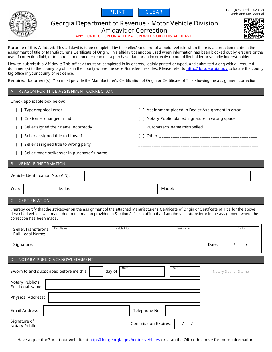 Form T-11 Affidavit of Correction - Georgia (United States), Page 1
