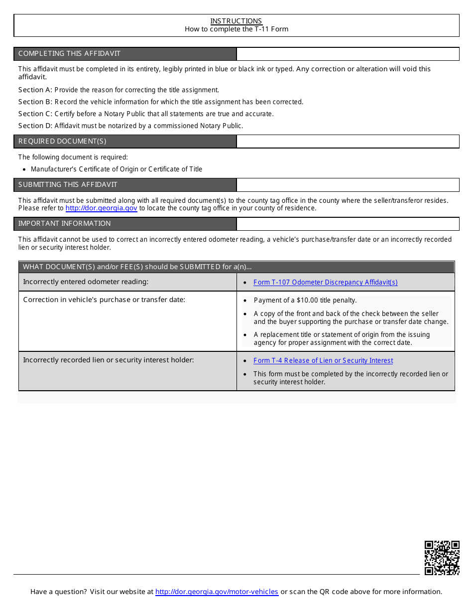 Form T-11 Affidavit of Correction - Georgia (United States), Page 2