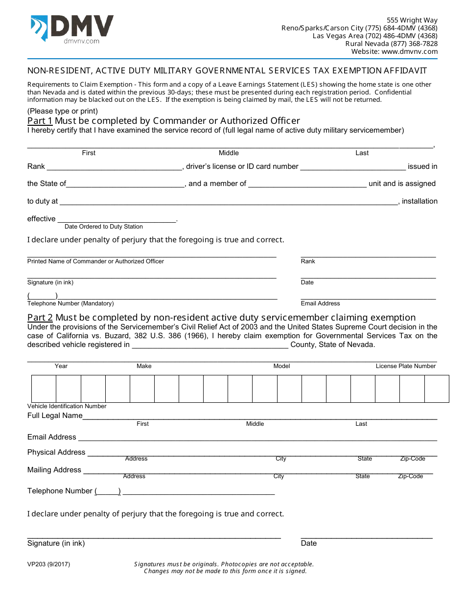 Form VP-203 Non-resident, Active Duty Military Governmental Services Tax Exemption Affidavit - Nevada, Page 1