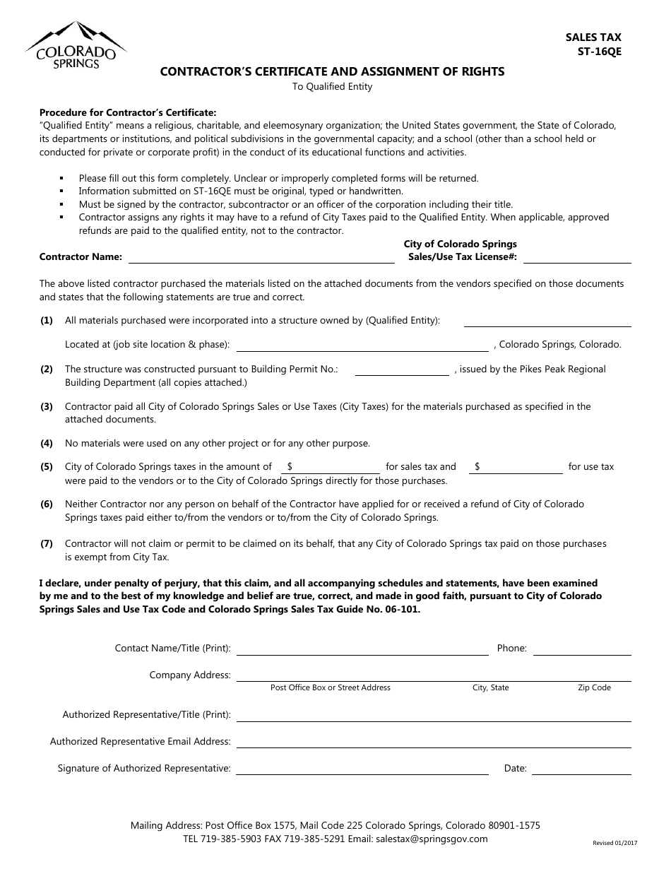 Form ST-16QE Contractors Certificate and Assignment of Rights to Qualified Entity - Colorado Springs, Colorado, Page 1