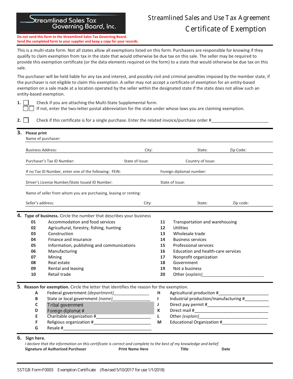 Form F003 Certificate of Exemption - Streamlined Sales and Use Tax Agreement - West Virginia, Page 1