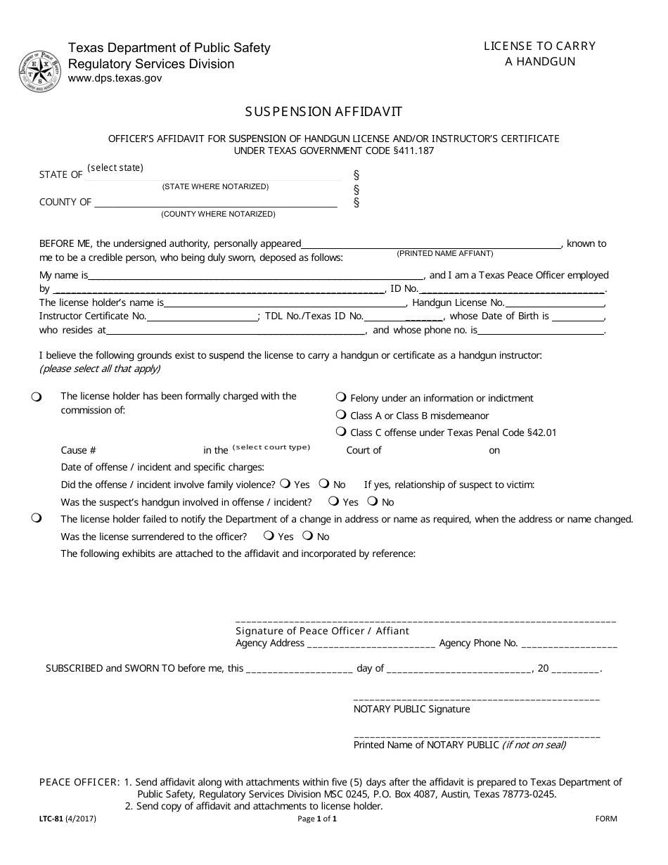 Form LTC-81 Suspension Affidavit - Texas, Page 1