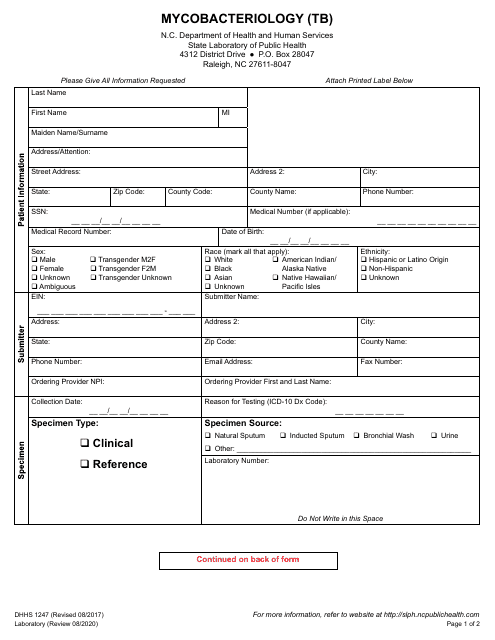 Form DHHS1247 Mycobacteriology (Tb) - North Carolina