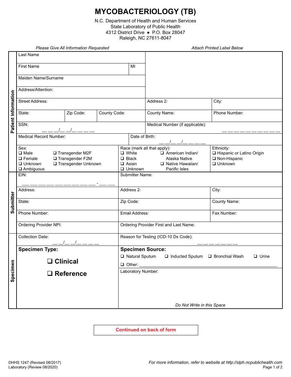 Form DHHS1247 Mycobacteriology (Tb) - North Carolina, Page 1