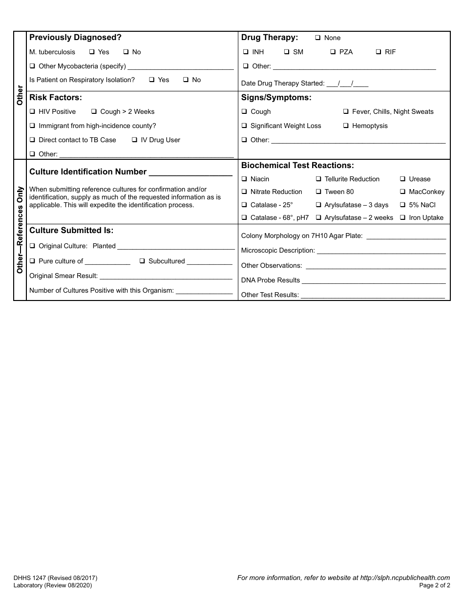 Form DHHS1247 Mycobacteriology (Tb) - North Carolina, Page 2