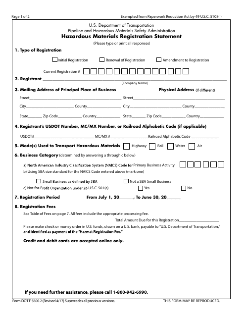 Form DOT F5800.2 Hazardous Materials Registration Statement