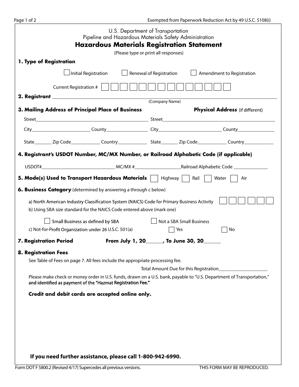 Form DOT F5800.2 Hazardous Materials Registration Statement, Page 1