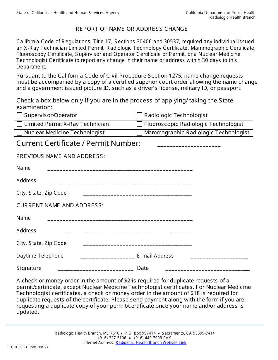 Form CDPH8391 - Fill Out, Sign Online and Download Fillable PDF ...