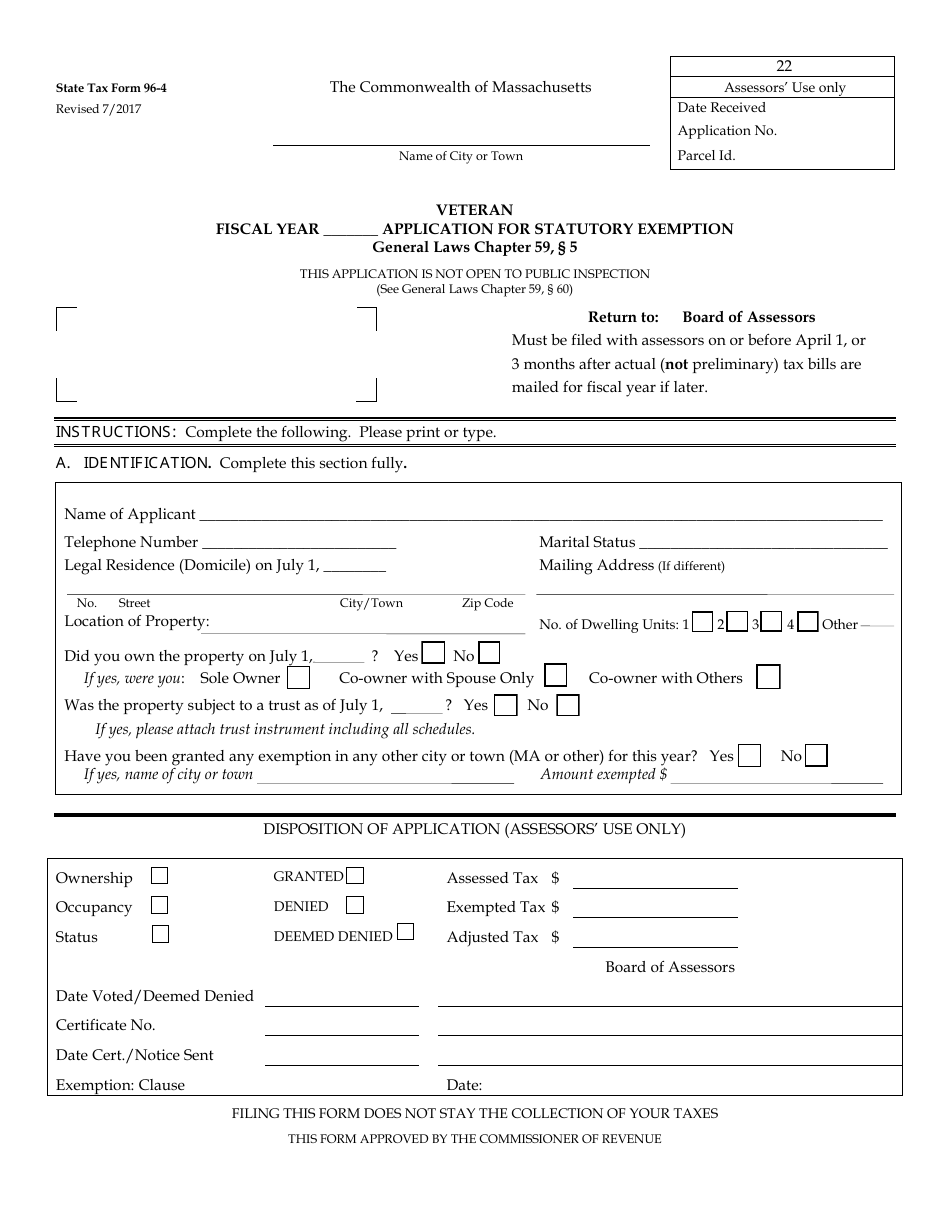 Form 96-4 Veteran Application for Statutory Exemption - Massachusetts, Page 1