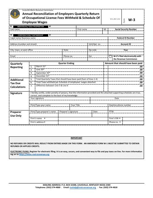 Form W-3 Annual Reconciliation of Employers Quarterly Return of Occupational License Fees Withheld & Schedule of Employee Wages - Louisville/Jefferson County Metro Government, Kentucky