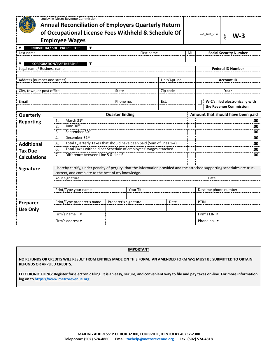 Form W-3 Annual Reconciliation of Employers Quarterly Return of Occupational License Fees Withheld  Schedule of Employee Wages - Louisville / Jefferson County Metro Government, Kentucky, Page 1