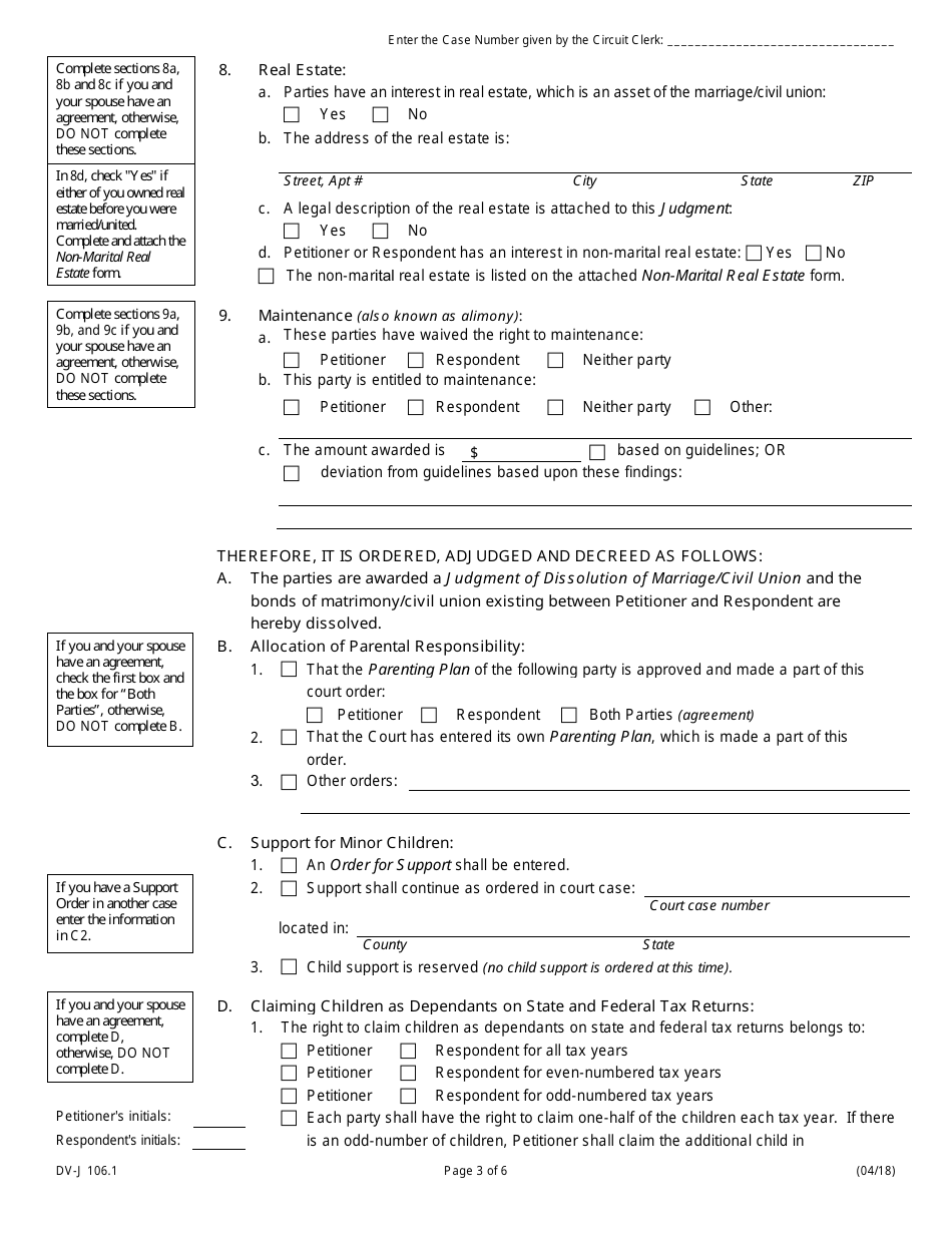 Form DV-J106.1 Judgment of Dissolution of Marriage / Civil Union (Divorce With Children) - Illinois, Page 3