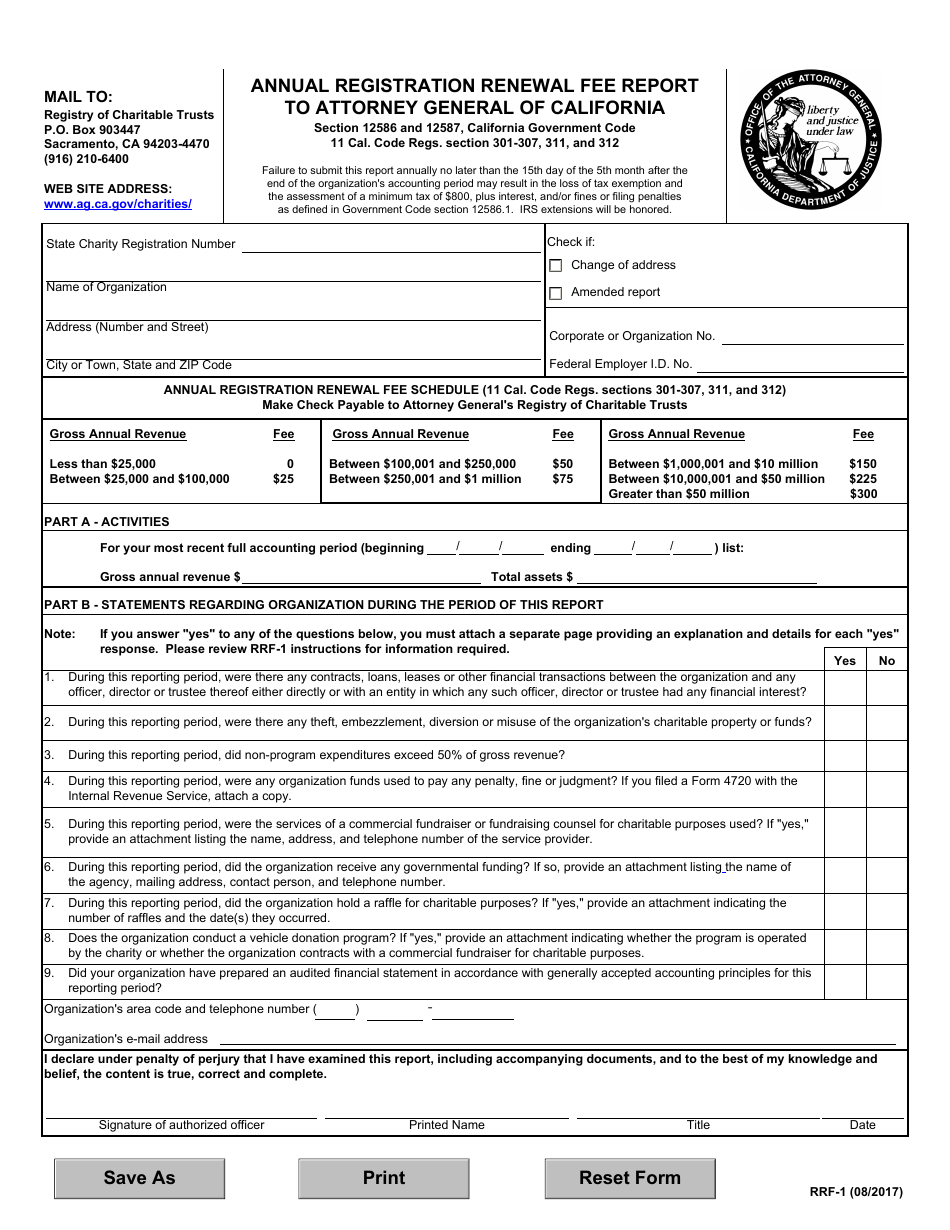 Form RRF-1 Annual Registration Renewal Fee Report to Attorney General of California - California, Page 1