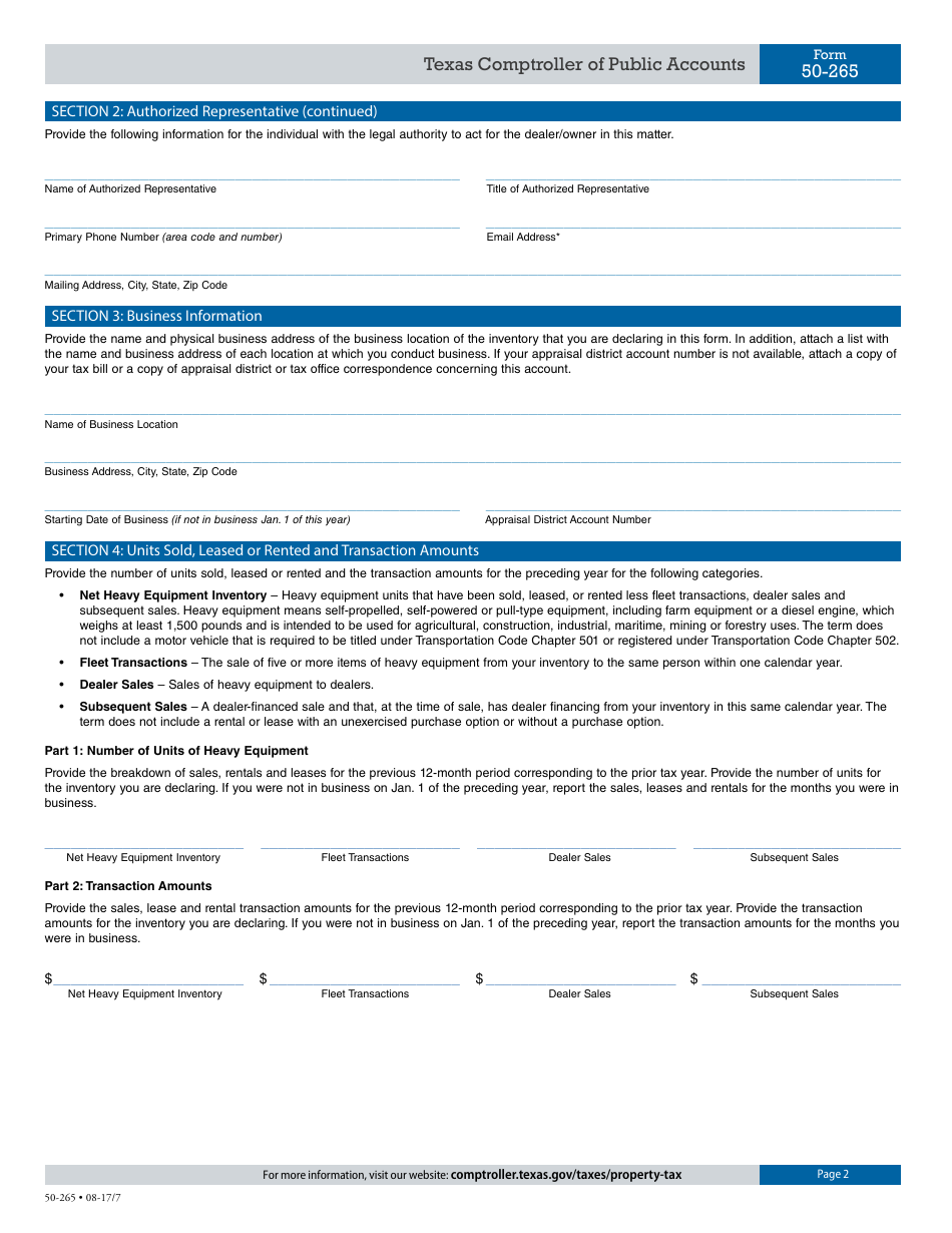 Form 50-265 Dealers Heavy Equipment Inventory Declaration - Texas, Page 2