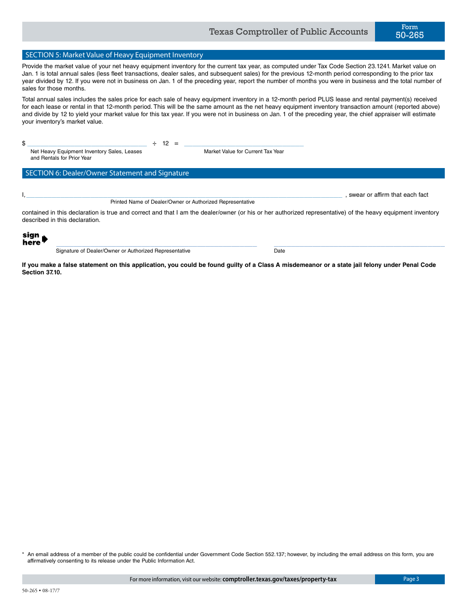Form 50-265 Dealers Heavy Equipment Inventory Declaration - Texas, Page 3