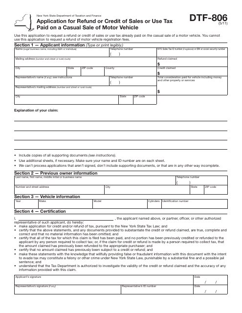 Form DTF-806 Application for Refund or Credit of Sales or Use Tax Paid on a Casual Sale of Motor Vehicle - New York