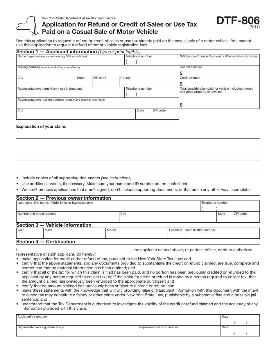 Form DTF-806 Application for Refund or Credit of Sales or Use Tax Paid on a Casual Sale of Motor Vehicle - New York, Page 1
