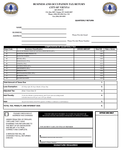 Business and Occupation Tax Return - City of Vienna, West Virginia Download Pdf