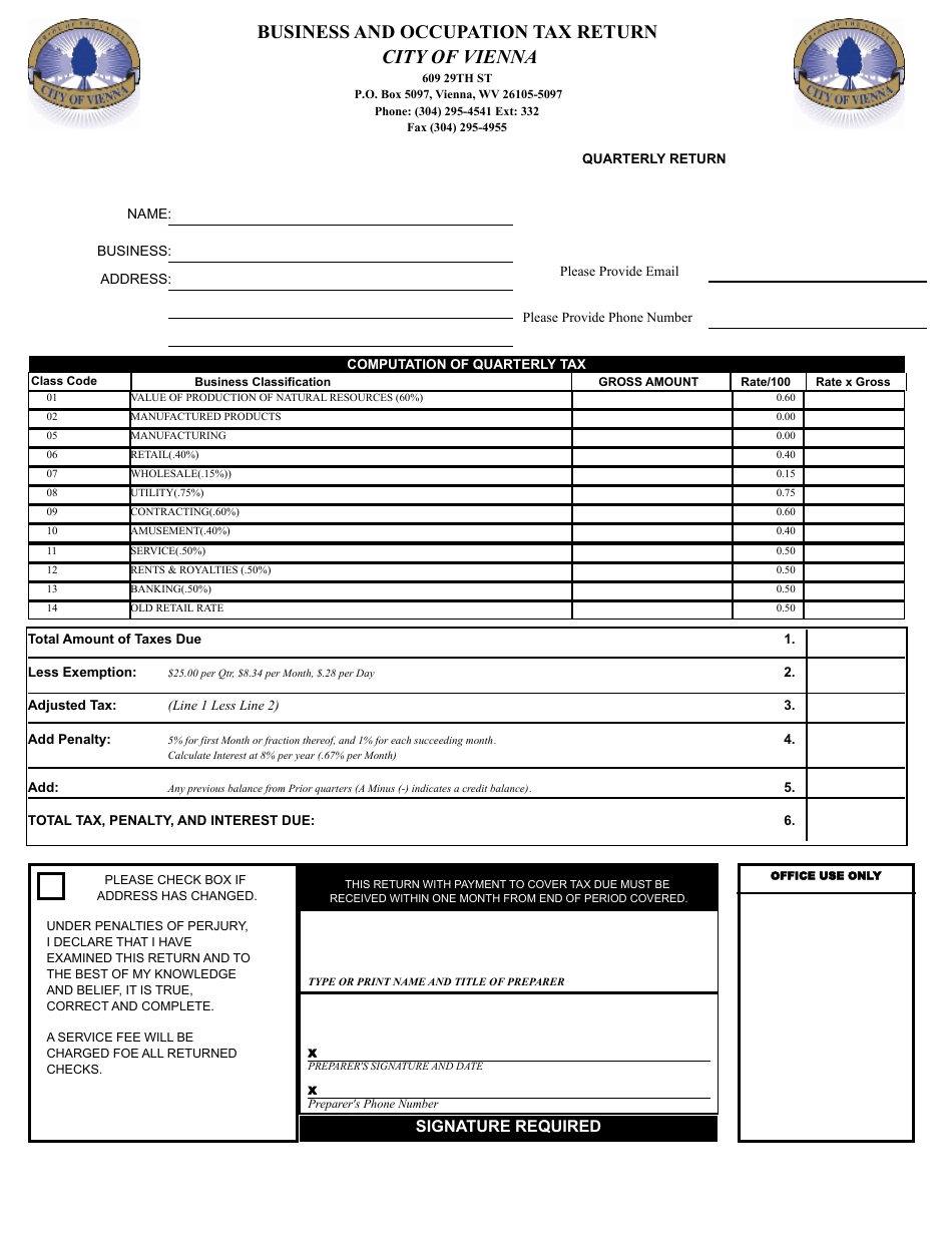 Business and Occupation Tax Return - City of Vienna, West Virginia, Page 1