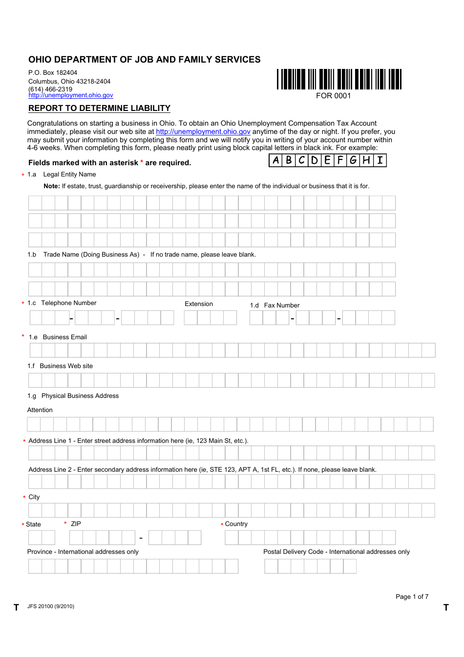 Form JFS20100 Report to Determine Liability - Ohio, Page 1