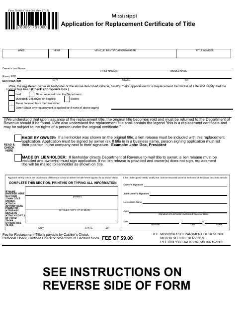 Form 78-006 Application for Replacement Certificate of Title - Mississippi