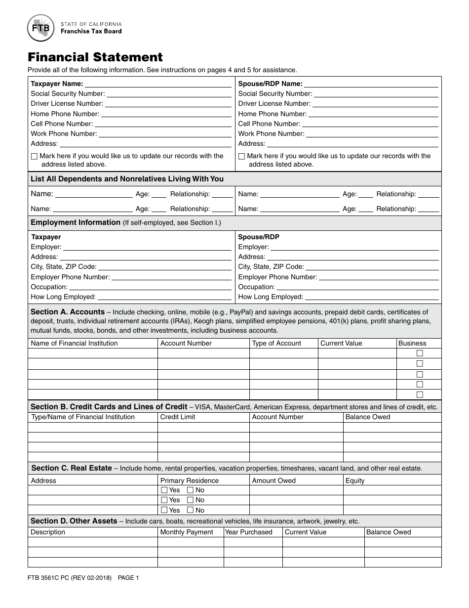 Form FTB3561C PC Financial Statement - California, Page 1