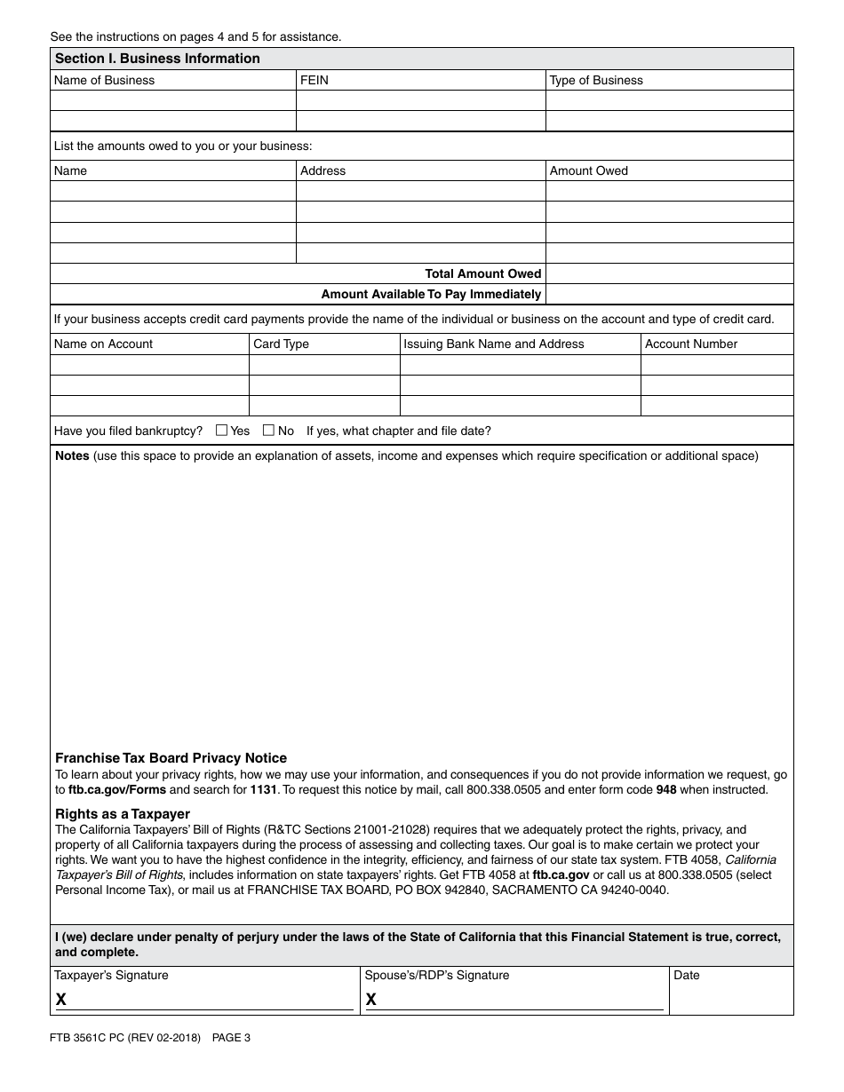 Form FTB3561C PC Financial Statement - California, Page 3