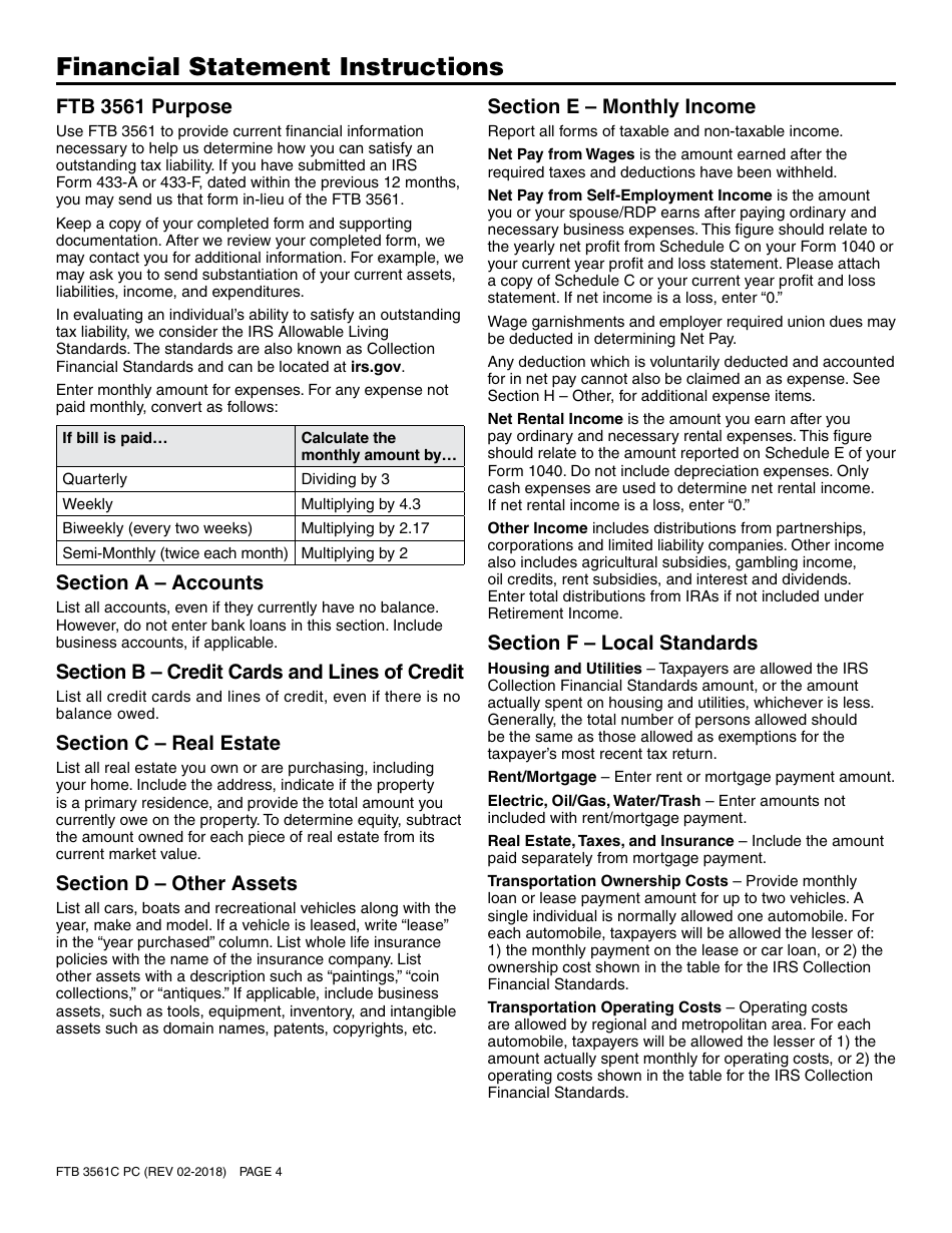 Form FTB3561C PC Financial Statement - California, Page 4