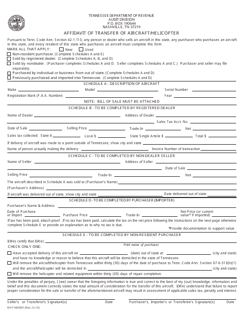 Form RV-F1403901 Affidavit of Transfer of Aircraft/Helicopter - Tennessee