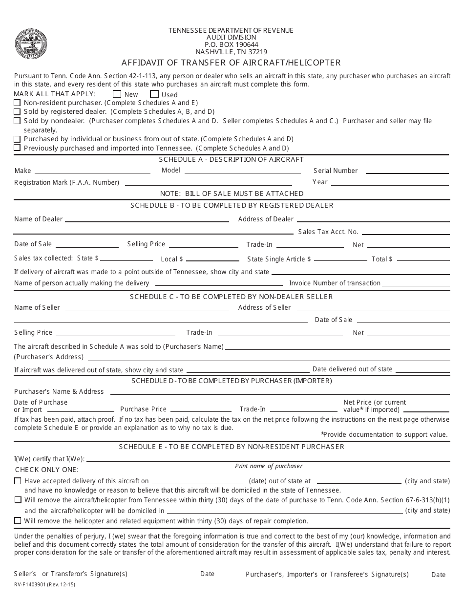 Form RV-F1403901 Affidavit of Transfer of Aircraft / Helicopter - Tennessee, Page 1
