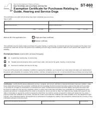 Document preview: Form ST-860 Exemption Certificate for Purchases Relating to Guide, Hearing and Service Dogs - New York