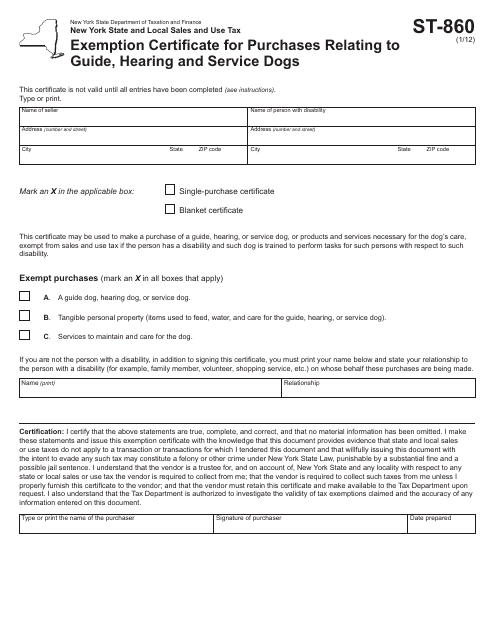 Form ST-860 Exemption Certificate for Purchases Relating to Guide, Hearing and Service Dogs - New York