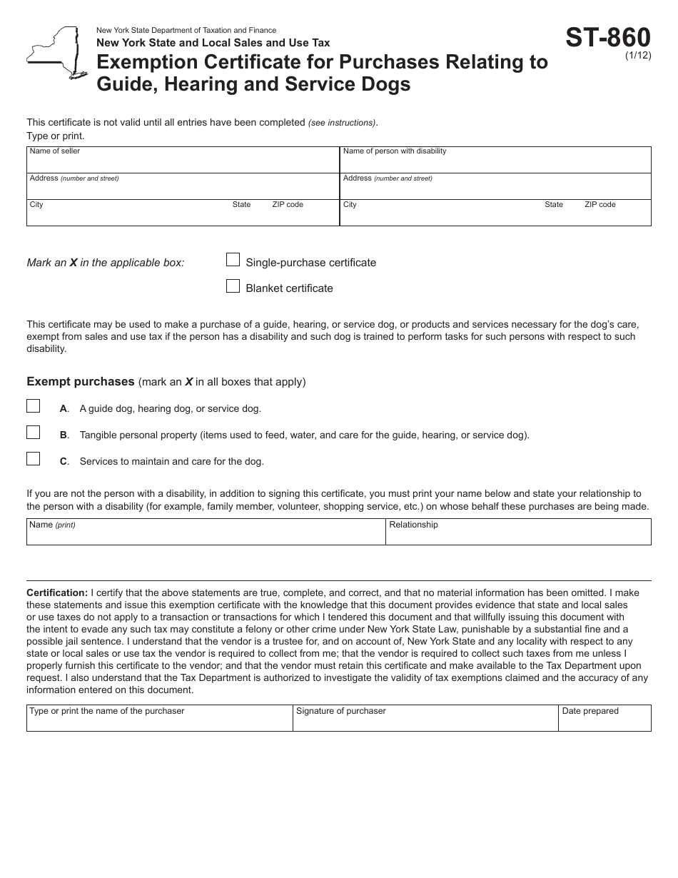 Form ST-860 Exemption Certificate for Purchases Relating to Guide, Hearing and Service Dogs - New York, Page 1