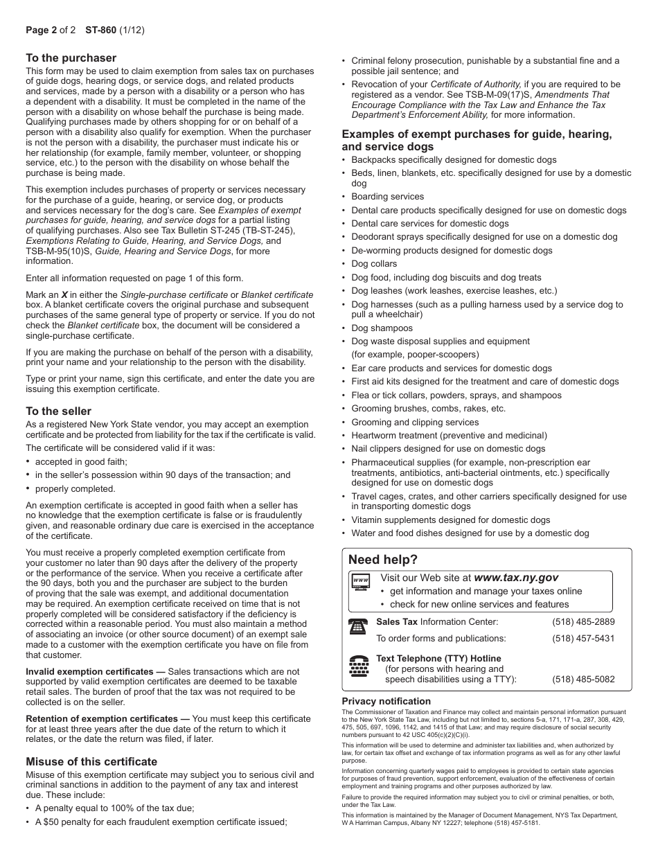 Form ST-860 - Fill Out, Sign Online and Download Fillable PDF, New York ...