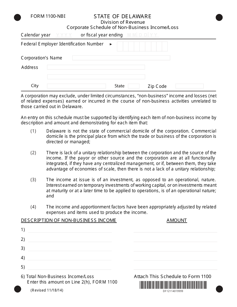 Form 1100-NBI Corporate Schedule of Non-business Income / Loss - Delaware, Page 1