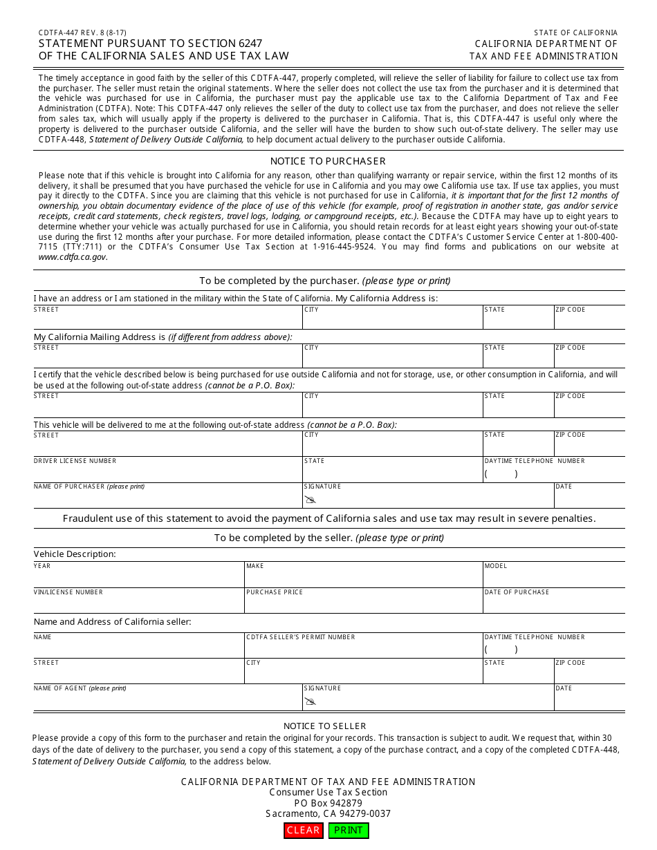 Form CDTFA-447 Statement Pursuant to Section 6247 of the California Sales and Use Tax Law - California, Page 1