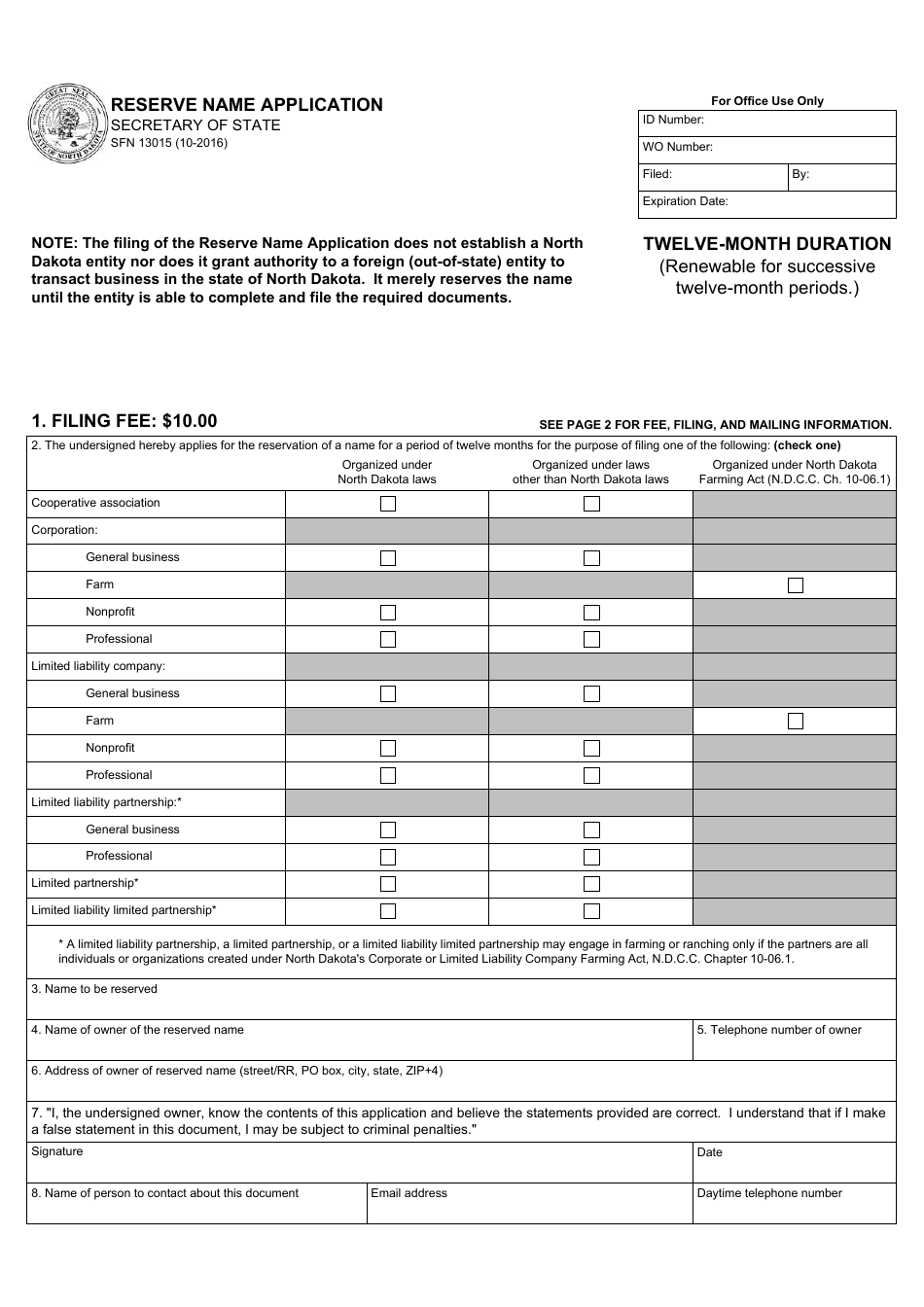 Form SFN13015 Reserve Name Application - North Dakota, Page 1