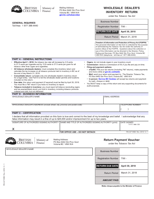 Form FIN227 Wholesale Dealer's Inventory Return - British Columbia, Canada