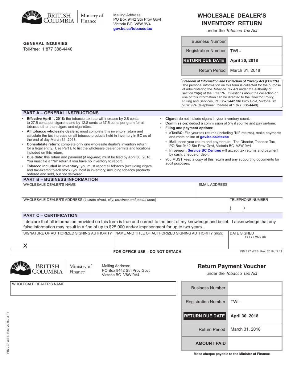 Form FIN227 Wholesale Dealers Inventory Return - British Columbia, Canada, Page 1
