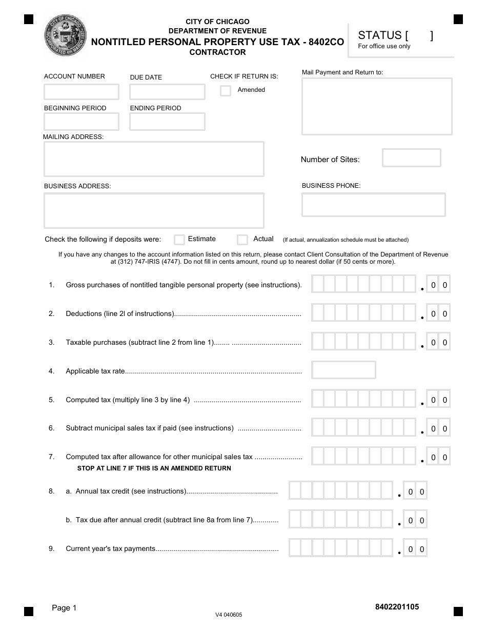 Form 8402CO (CONTRACTOR) Nontitled Personal Property Use Tax - City of Chicago, Illinois, Page 1