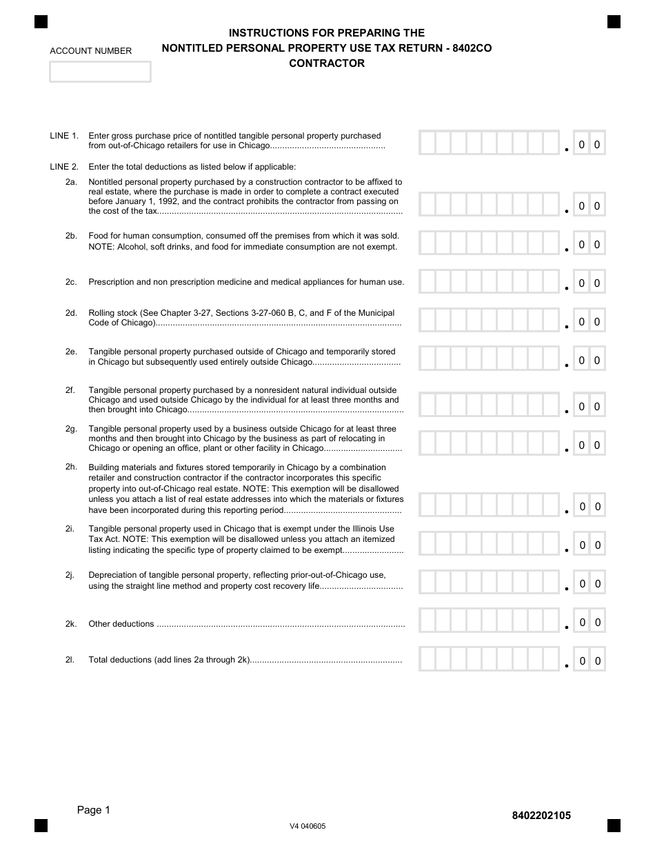 Form 8402CO (CONTRACTOR) Nontitled Personal Property Use Tax - City of Chicago, Illinois, Page 4