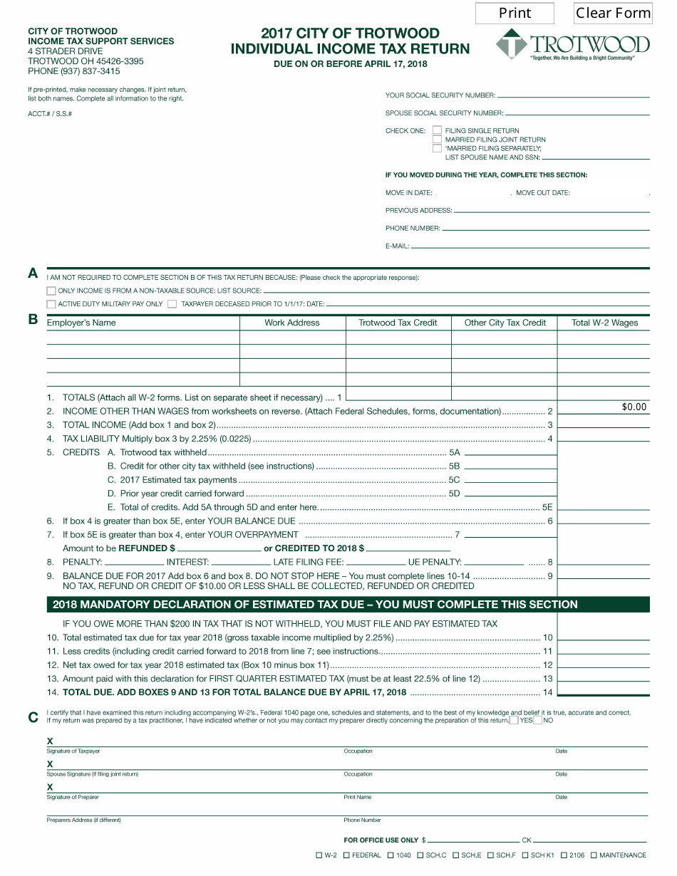 Individual Income Tax Return - City of Trotwood, Ohio, Page 1