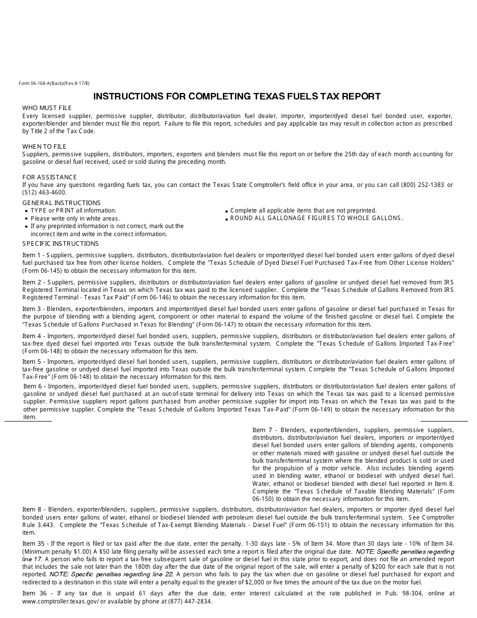 Form 06-168-A Texas Fuels Tax Report - Texas, Page 2