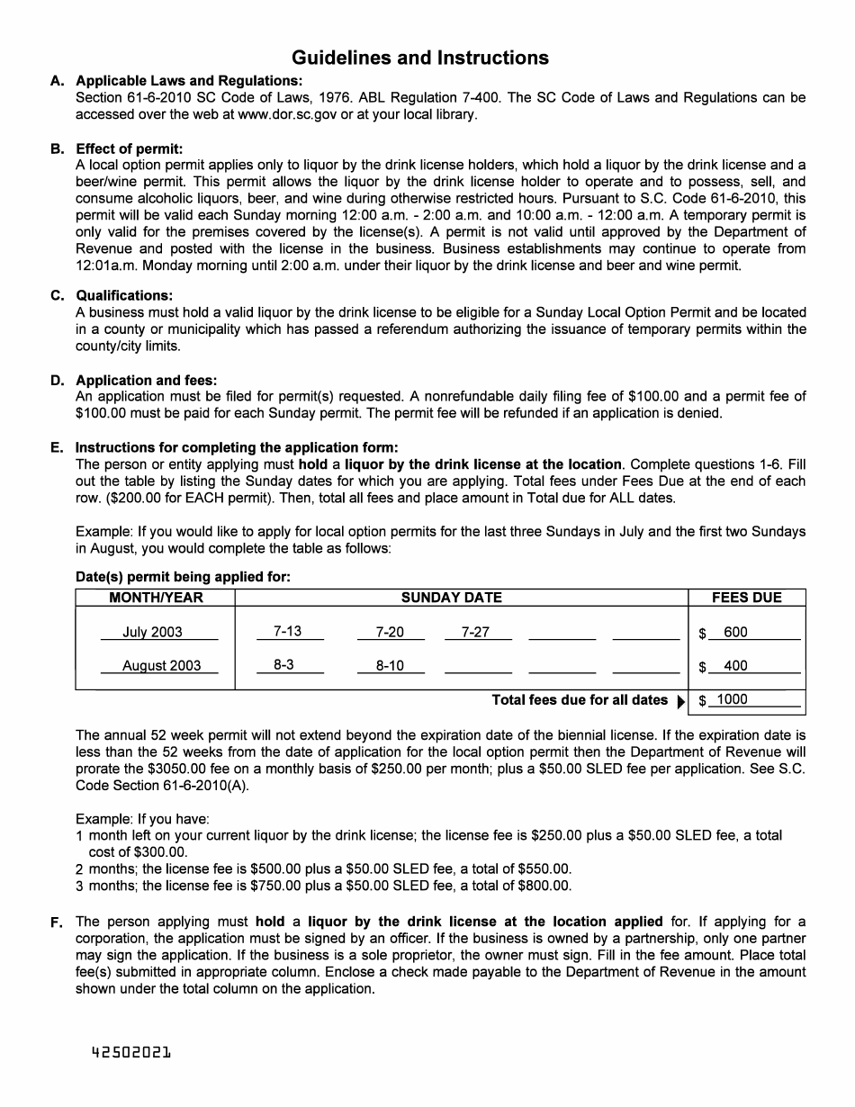Form ABL-29 Application for Business Local Option Permit - South Carolina, Page 2
