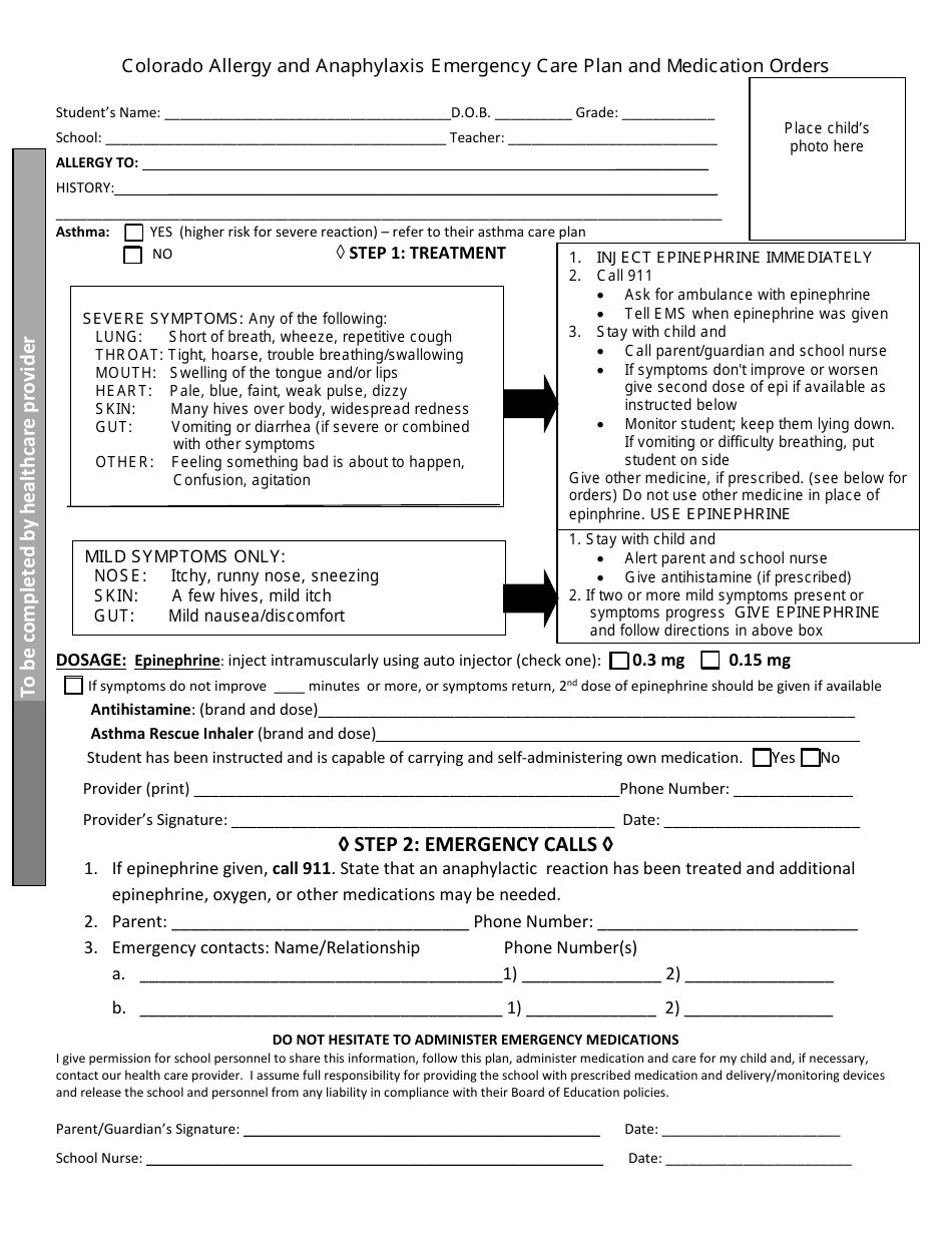 Colorado Allergy and Anaphylaxis Emergency Care Plan and Medication Orders - Colorado, Page 1