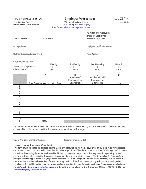 Form CSF-4 Employer Worksheet - City of Charleston, West Virginia