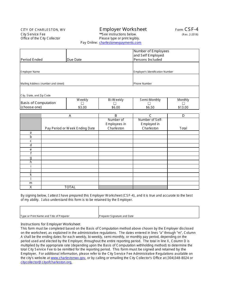 Form CSF-4 Employer Worksheet - City of Charleston, West Virginia, Page 1