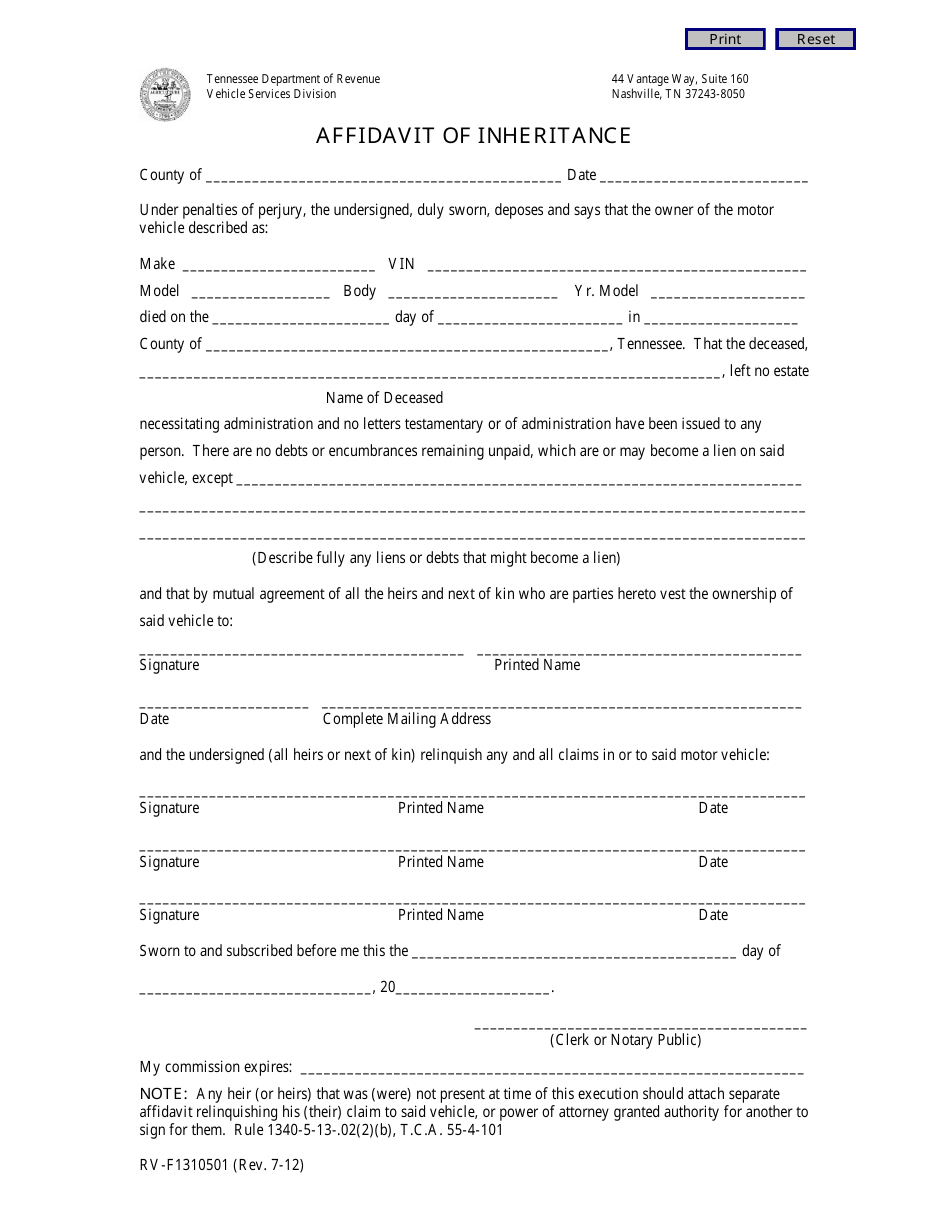 Form RV-F1310501 Affidavit of Inheritance - Tennessee, Page 1