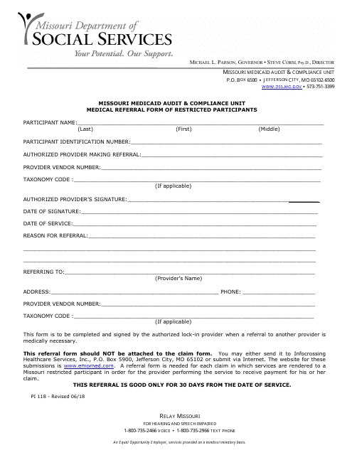 Form PI118 Medical Referral Form of Restricted Participants - Missouri
